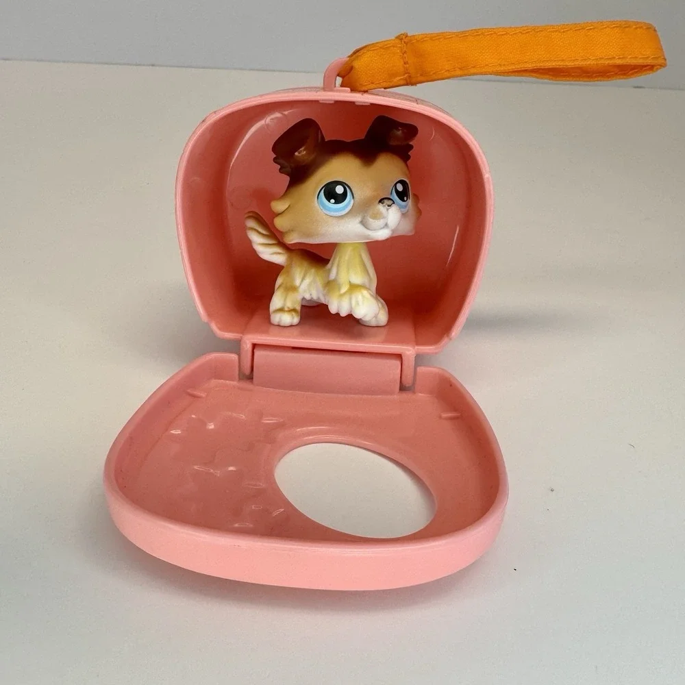 Littlest Pet Shop LPS #58 Collie Sage Brown Paw-Up Portable Pets Pink Carrier